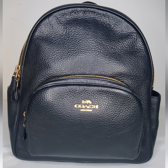 Coach Carrie Sleek Black Leather Small Backpack with Gold Metal Hardware - Picture 1 of 13